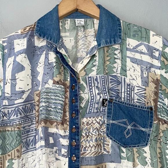 Vintage GX Size Small Silk Denim Button Up Shirt Country Western 80s Cowgirl - Picture 2 of 10